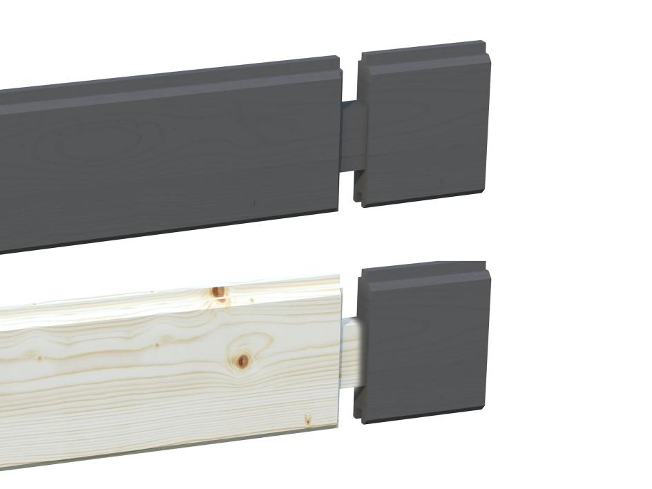 Wall logs painted outside, natural inside