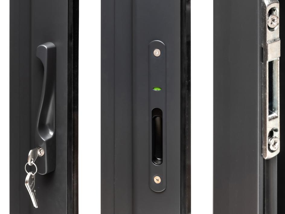 High quality door handle and cylinder lock on the outside.  Two internal locks on the inside, one on either side. Position of the catch plate can be easily adjusted if needed.
