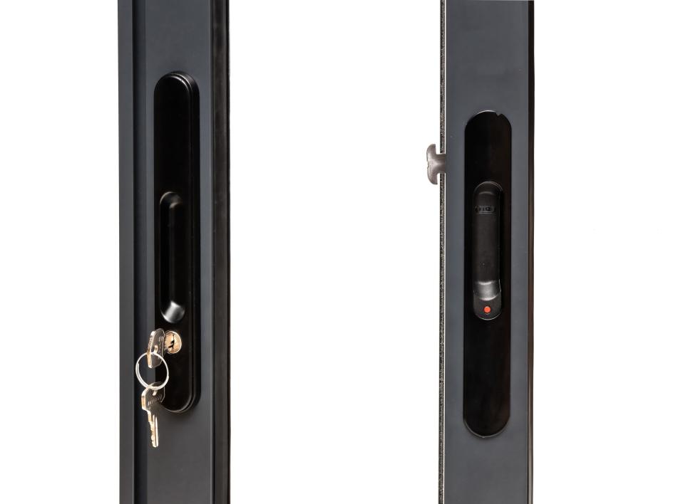 Recessed pull handle with cylinder lock on the outside of the door. Two internal locks on the inside, one on either side. Position of the catch plate can be easily adjusted if needed.